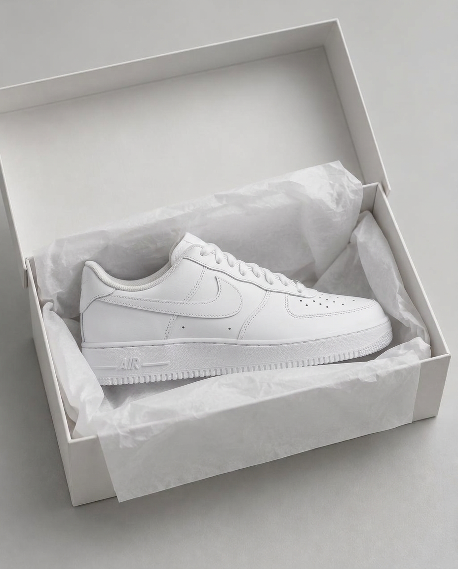 A white Nike Air Force 1 packed in a shipping box